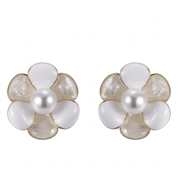 TES102 BASE METAL FLOWER EARRING WITH SYN PEARL&SHELL