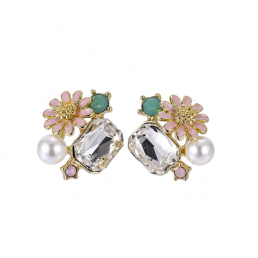 TES127 BASE METAL FLORAL EARRING WITH GLASS