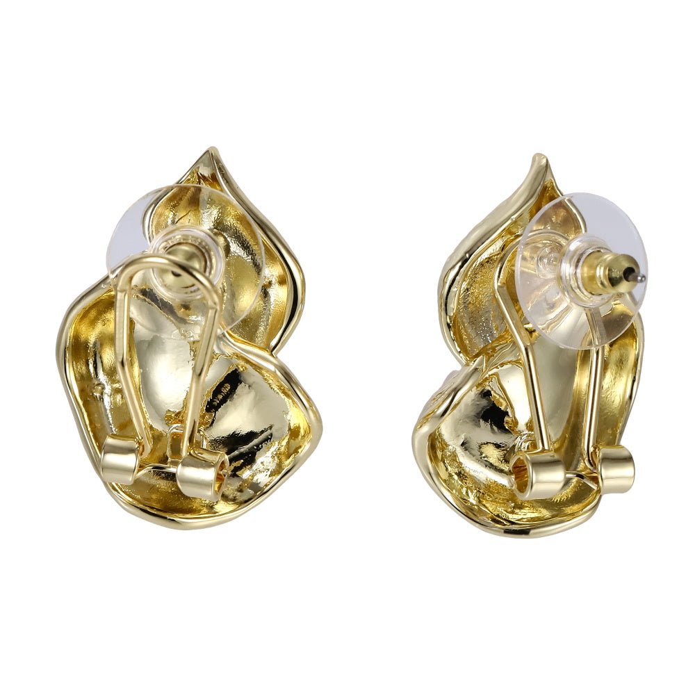 TES69 BRASS TEXTURED LEAF EARRING WITH PEARL&CZ
