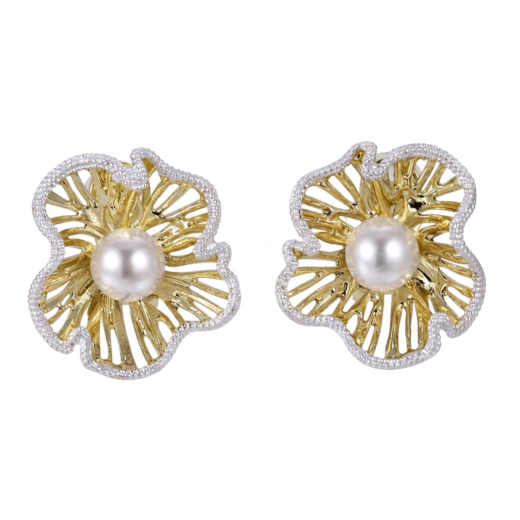 TES83 BASE METAL HOLLOW FLOWER EARRING WITH SYN PEARL
