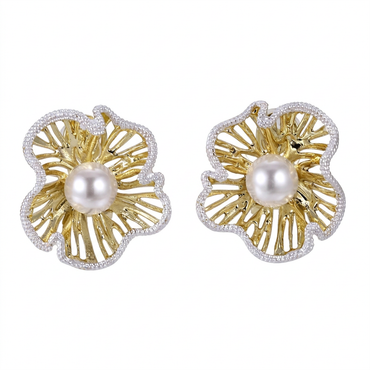 TES83 BASE METAL HOLLOW FLOWER EARRING WITH SYN PEARL