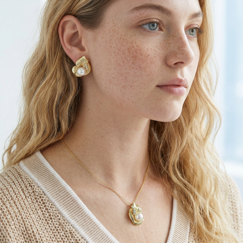 TES69 BRASS TEXTURED LEAF EARRING WITH PEARL&CZ