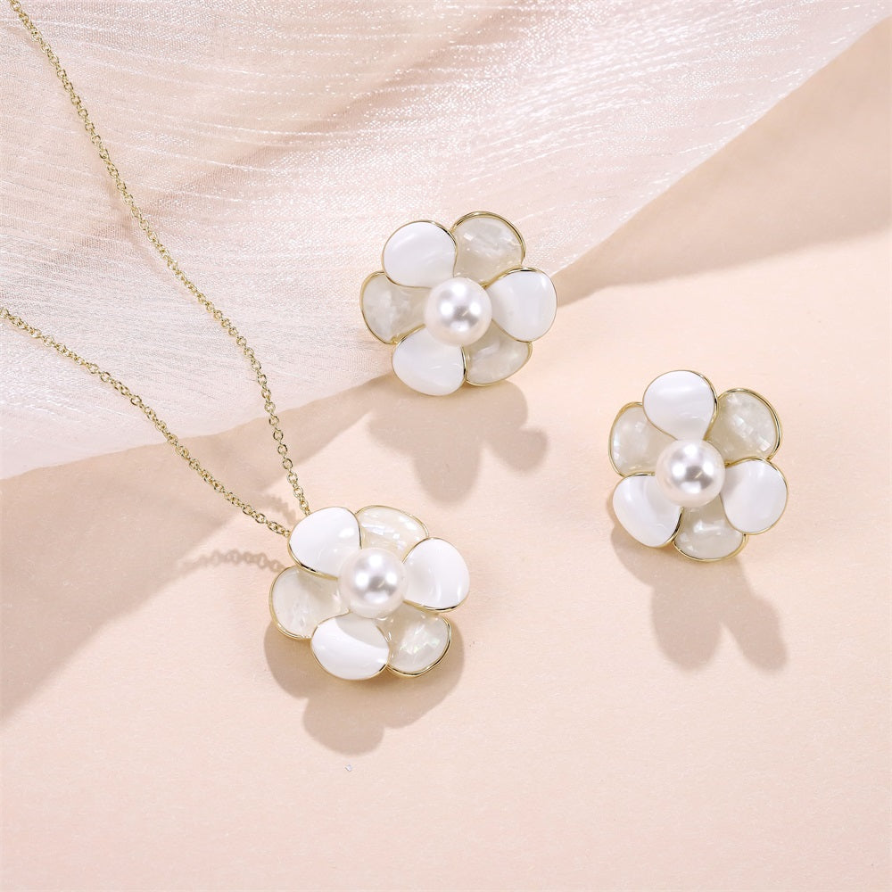 TES102 BASE METAL FLOWER EARRING WITH SYN PEARL&SHELL
