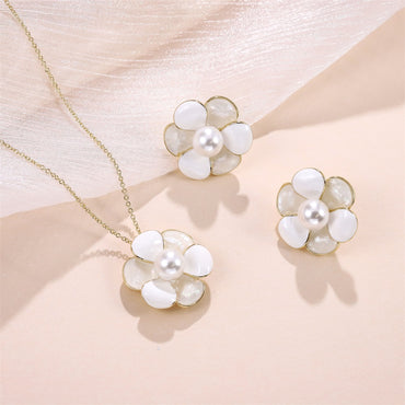 TES102 BASE METAL FLOWER EARRING WITH SYN PEARL&SHELL