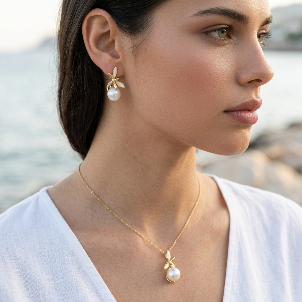 TNS76 BASE METAL DRAGONFLY CHARM NECKLACE WITH SHELL&SYN PEARL