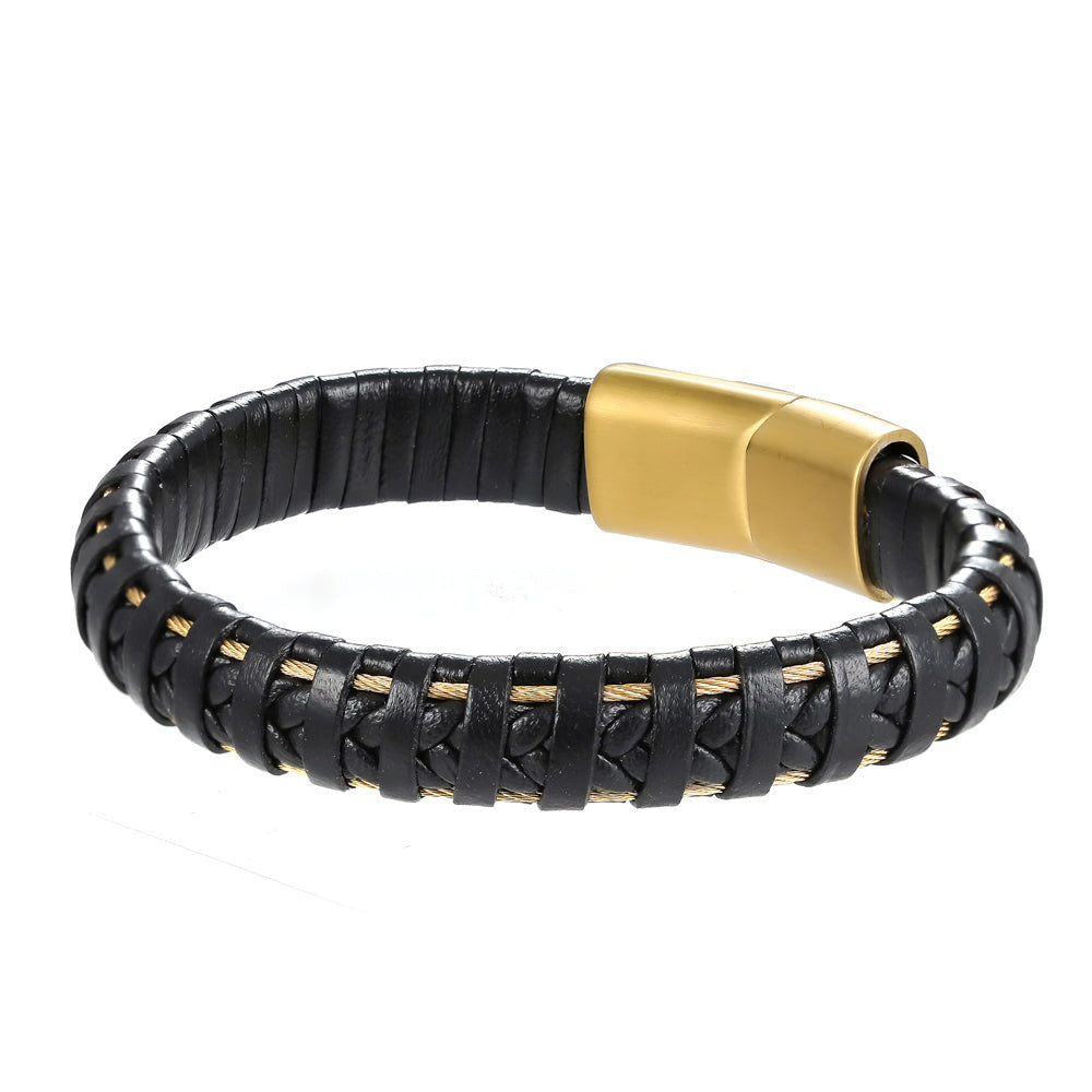 BSS635 STAINLESS STEEL LEATHER BRACELET