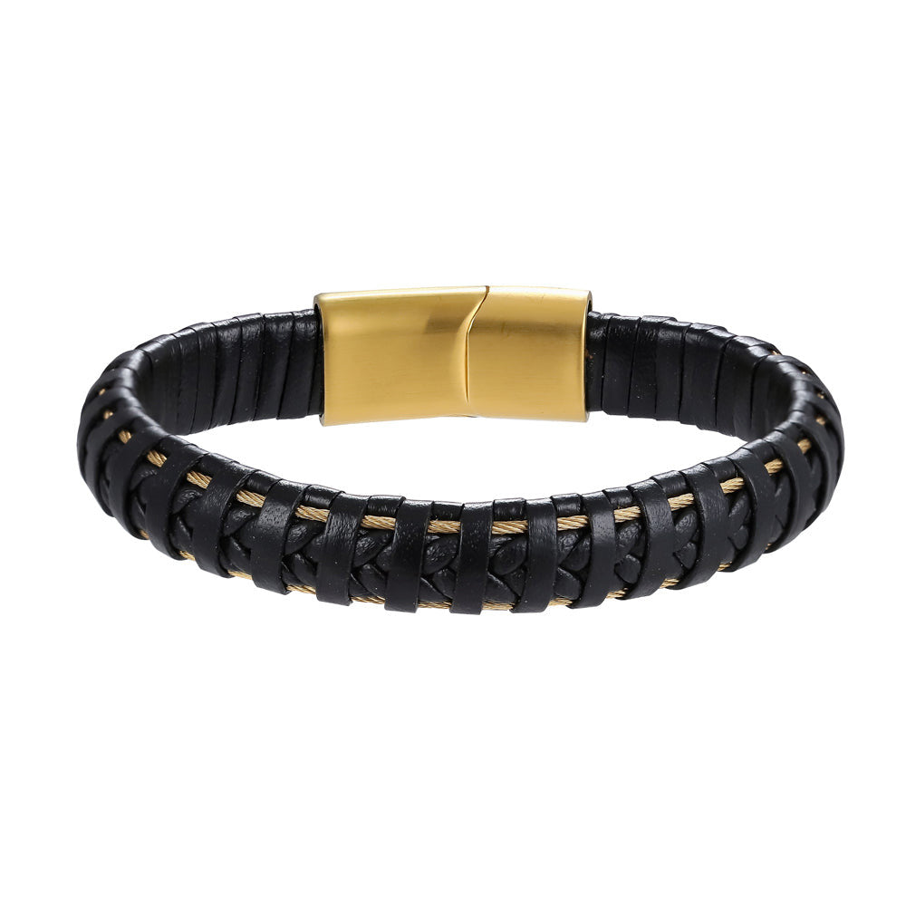 BSS635 STAINLESS STEEL LEATHER BRACELET
