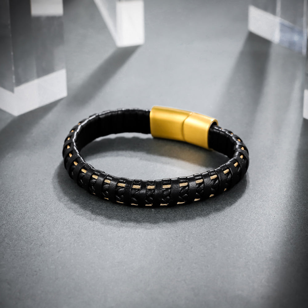 BSS635 STAINLESS STEEL LEATHER BRACELET