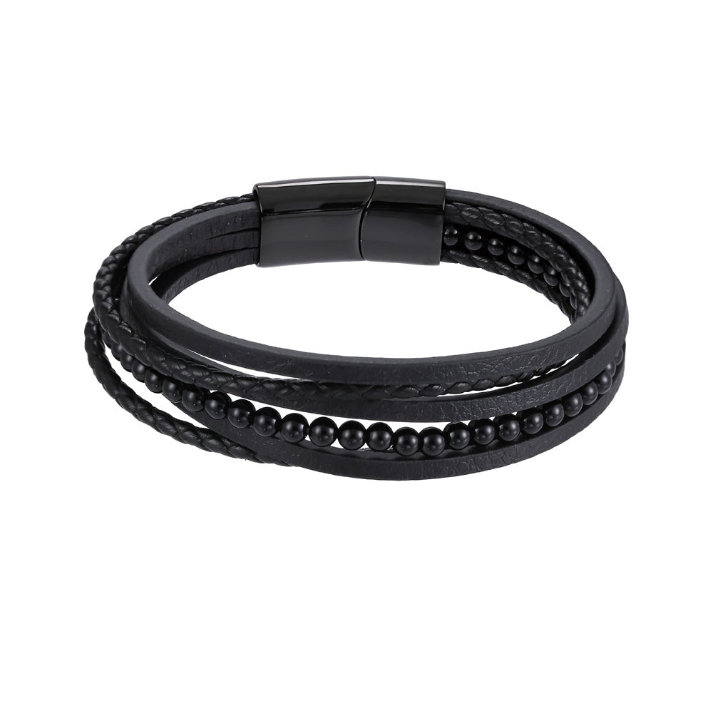 MBSS26 STAINLESS STEEL BRACELET WITH LEATHER AND ONYX