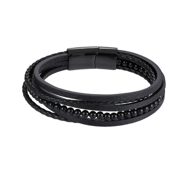 MBSS26 STAINLESS STEEL BRACELET WITH LEATHER AND ONYX AAB CO..