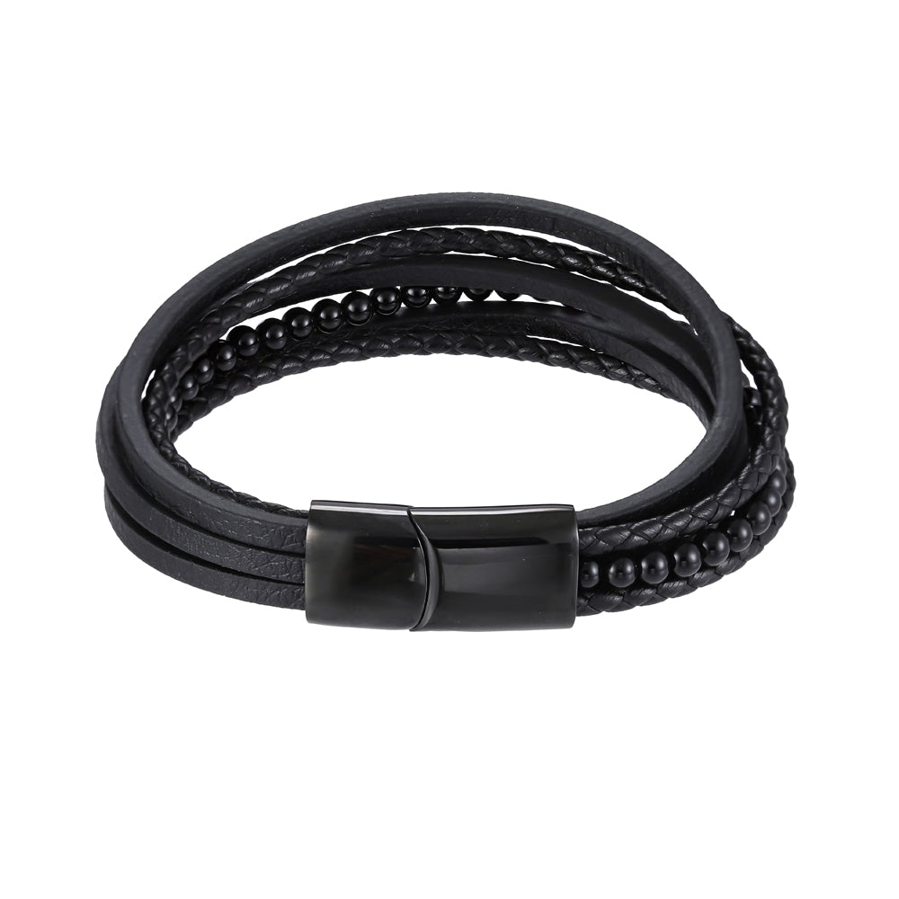 MBSS26 STAINLESS STEEL BRACELET WITH LEATHER AND ONYX AAB CO..