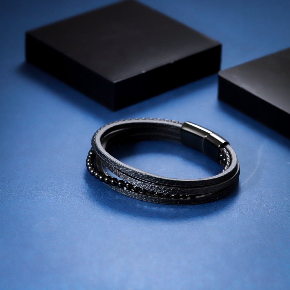MBSS26 STAINLESS STEEL BRACELET WITH LEATHER AND ONYX