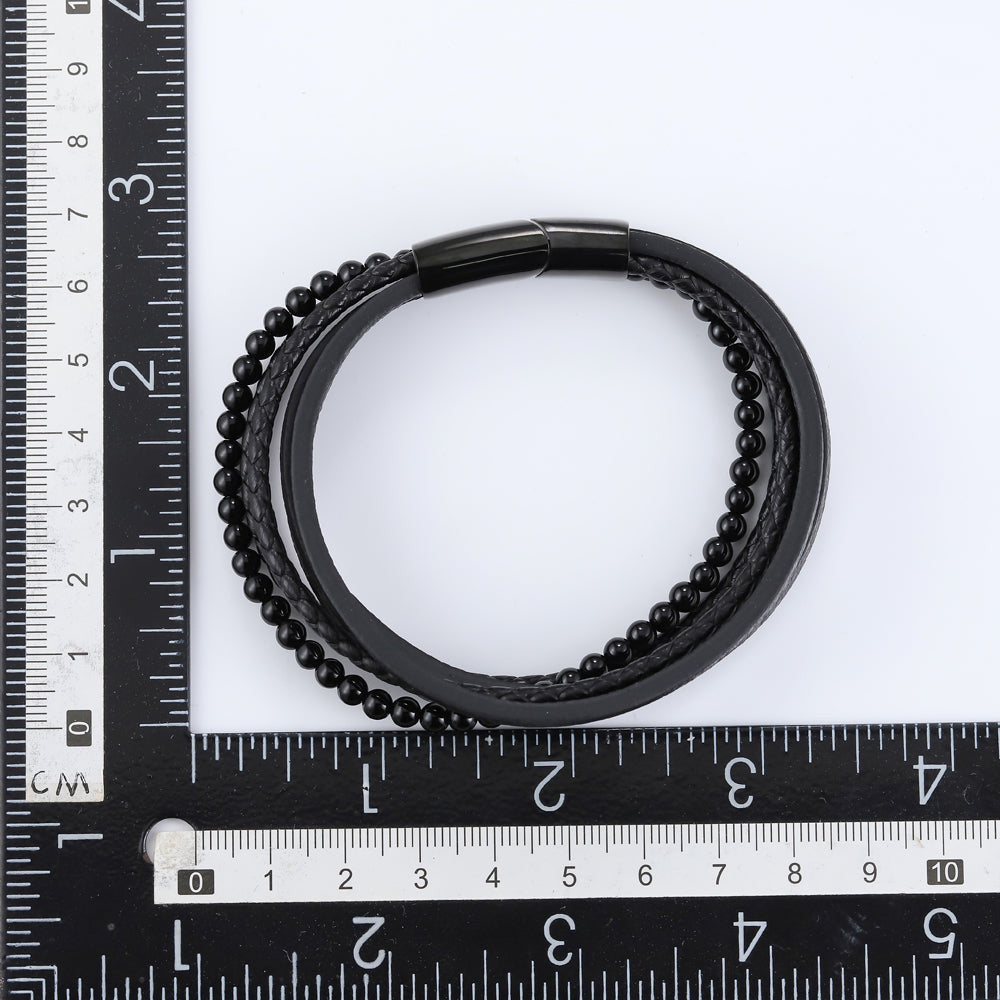 MBSS26 STAINLESS STEEL BRACELET WITH LEATHER AND ONYX