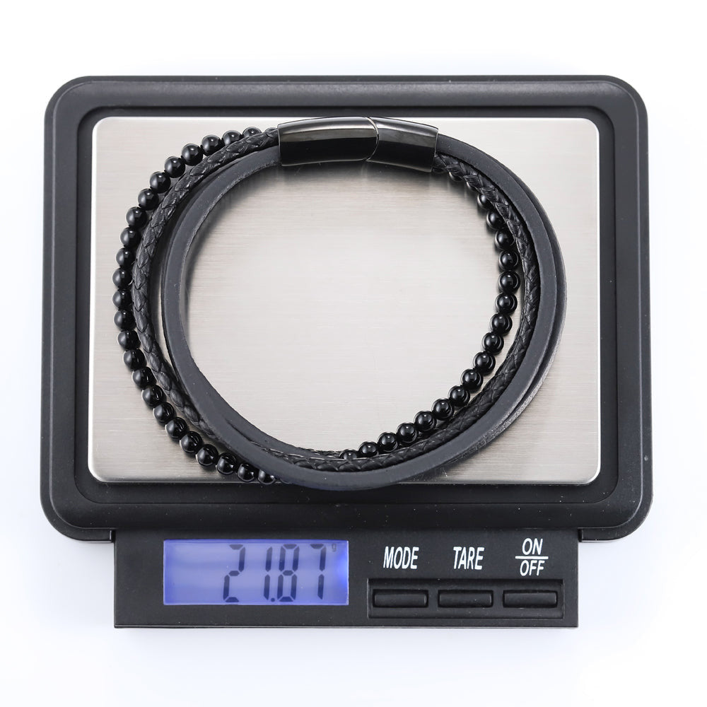 MBSS26 STAINLESS STEEL BRACELET WITH LEATHER AND ONYX