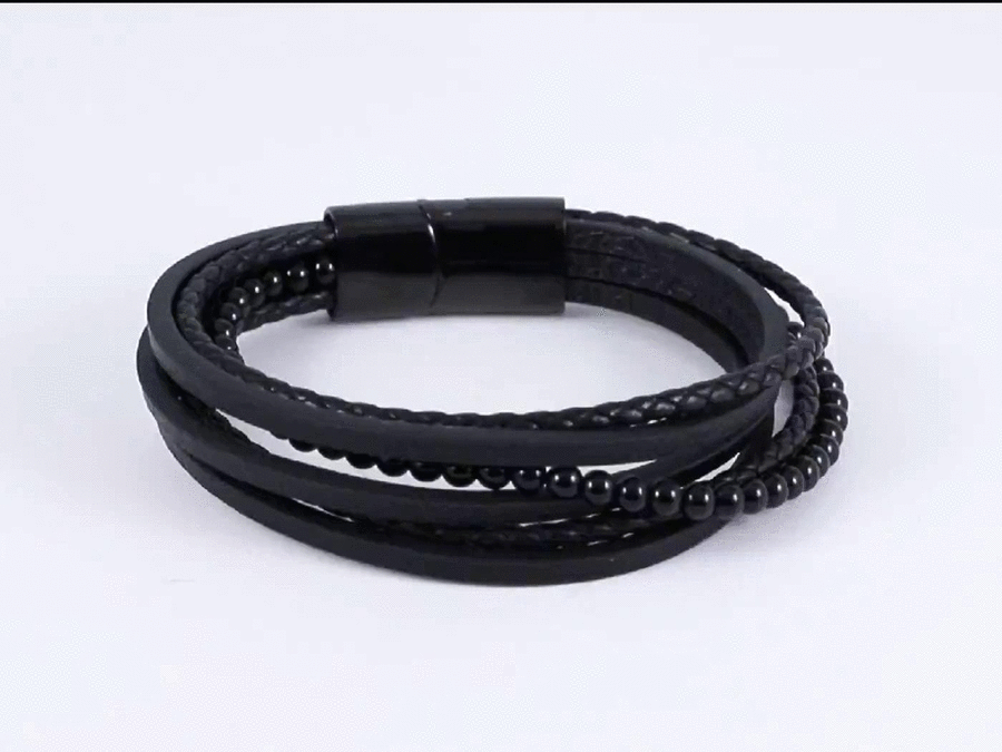 MBSS26 STAINLESS STEEL BRACELET WITH LEATHER AND ONYX