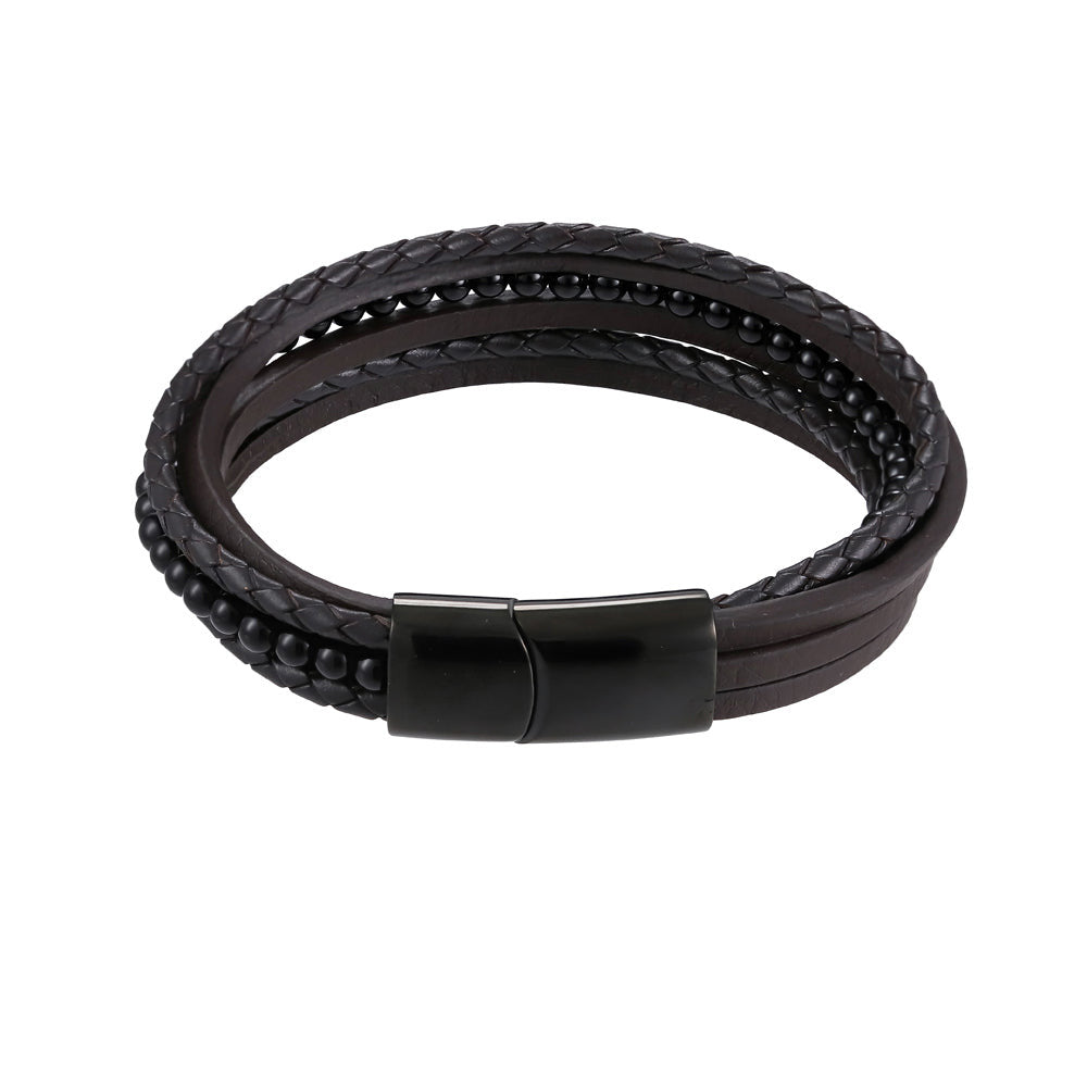 MBSS26 STAINLESS STEEL BRACELET WITH LEATHER AND ONYX