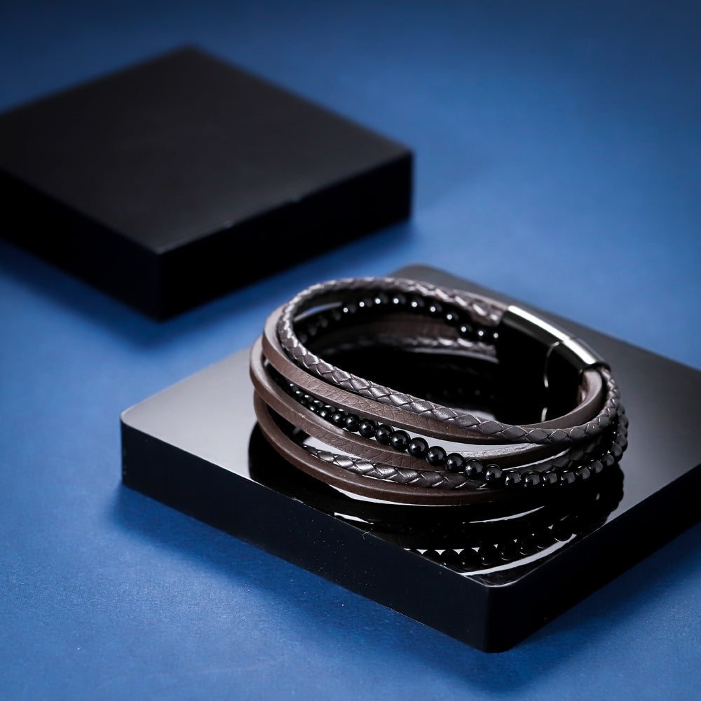 MBSS26 STAINLESS STEEL BRACELET WITH LEATHER AND ONYX