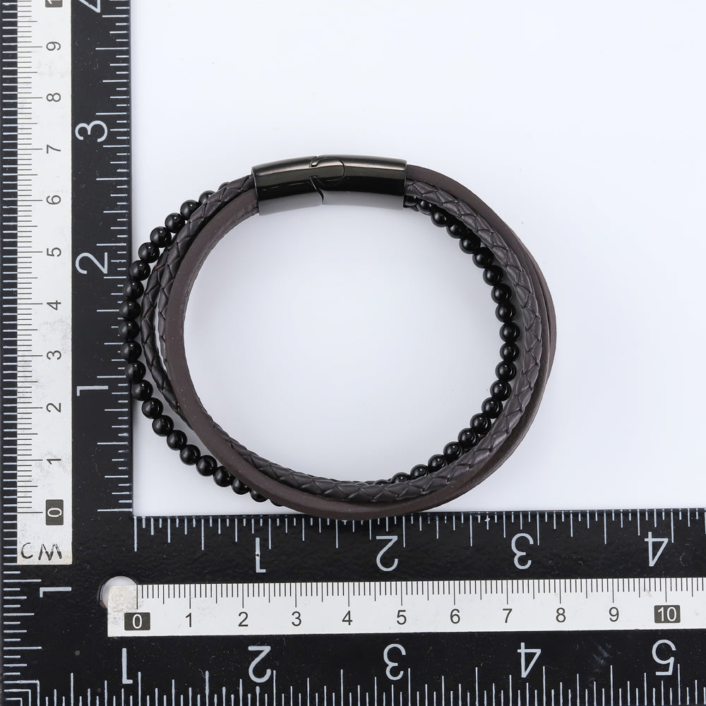 MBSS26 STAINLESS STEEL BRACELET WITH LEATHER AND ONYX