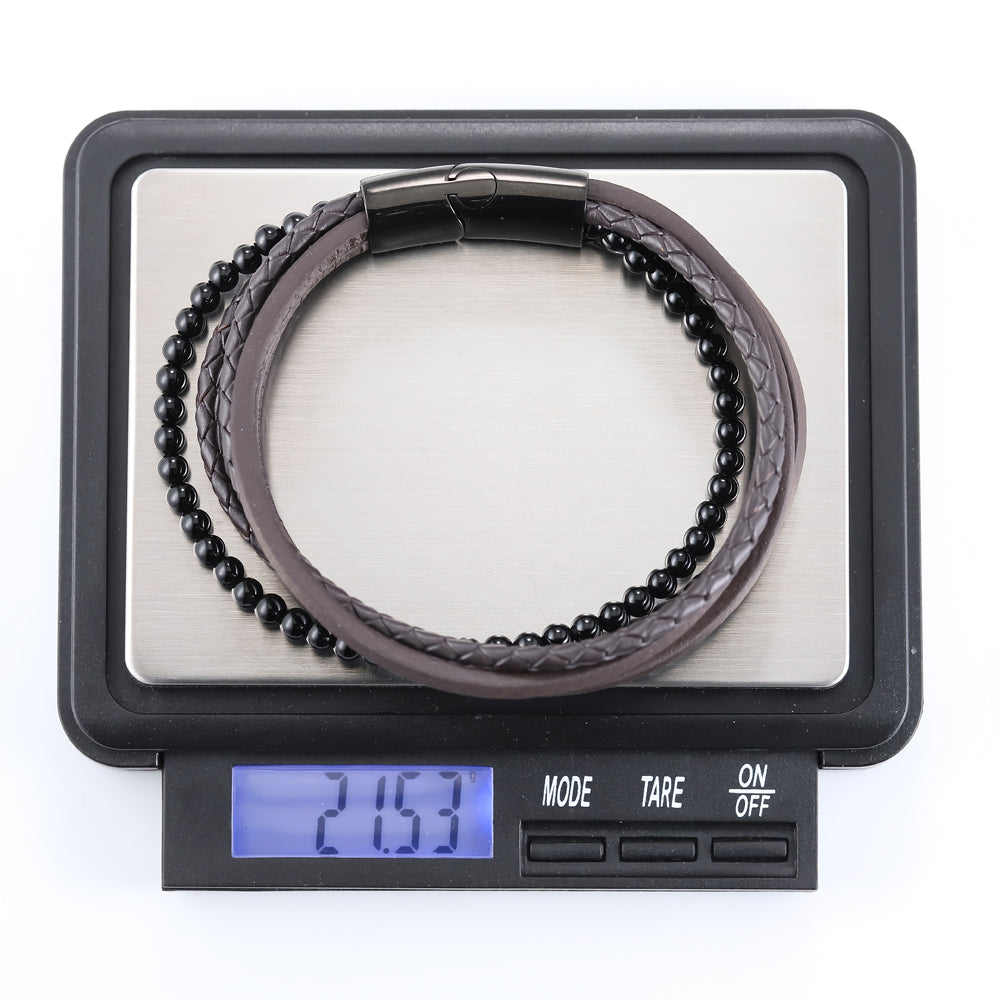 MBSS26 STAINLESS STEEL BRACELET WITH LEATHER AND ONYX