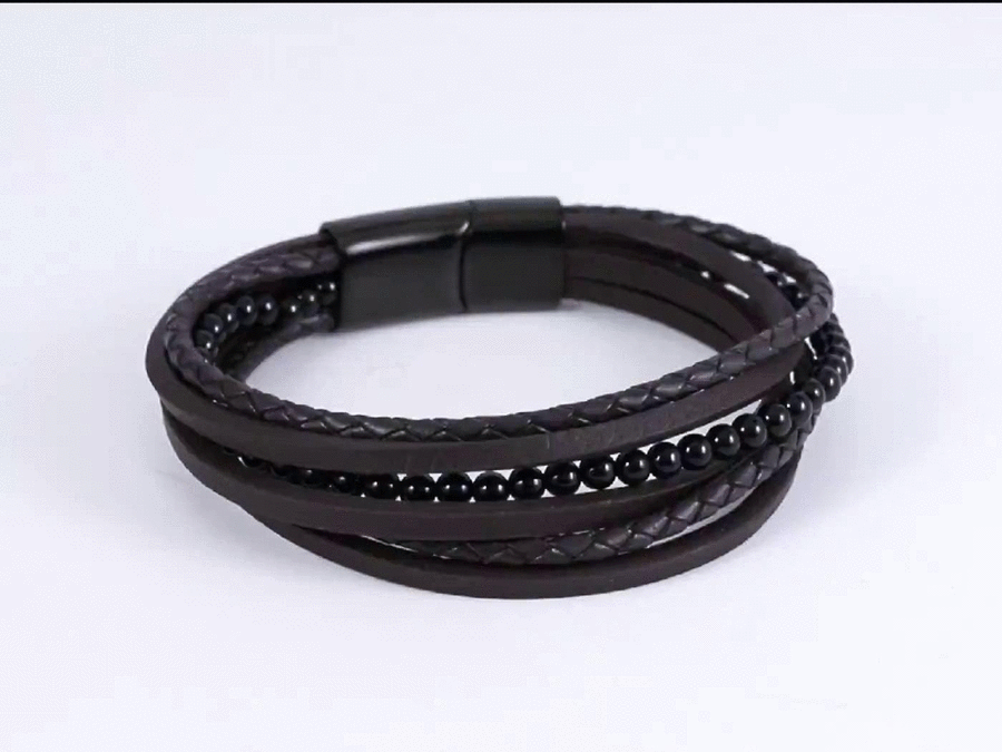 MBSS26 STAINLESS STEEL BRACELET WITH LEATHER AND ONYX