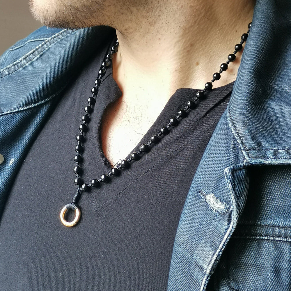 MNSS11 BEAD NECKLACE WITH STAINLESS STEEL RING AAB CO..