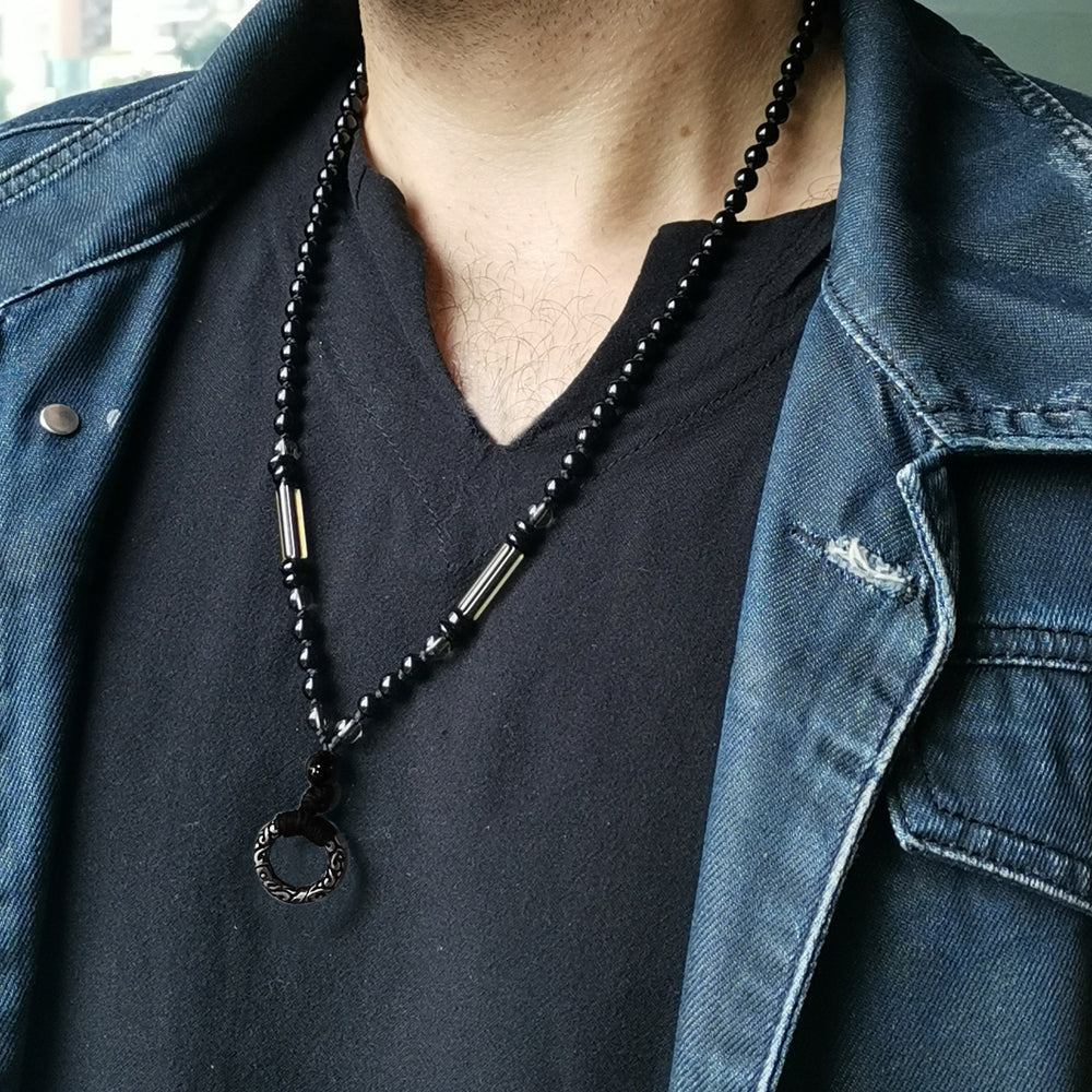 MNSS13 BEAD NECKLACE WITH STAINLESS STEEL RING AAB CO..