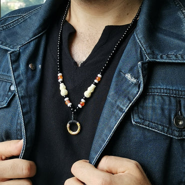 MNSS17 BEAD NECKLACE WITH STAINLESS STEEL RING AAB CO..