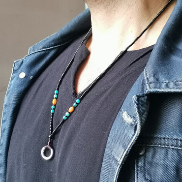 MNSS18 BEAD NECKLACE WITH STAINLESS STEEL RING AAB CO..