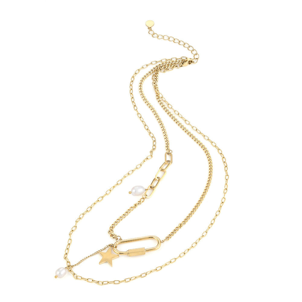 MNSS23 STAINLESS STEEL MULTI CHAIN NECKLACE WITH PEARL AAB CO..