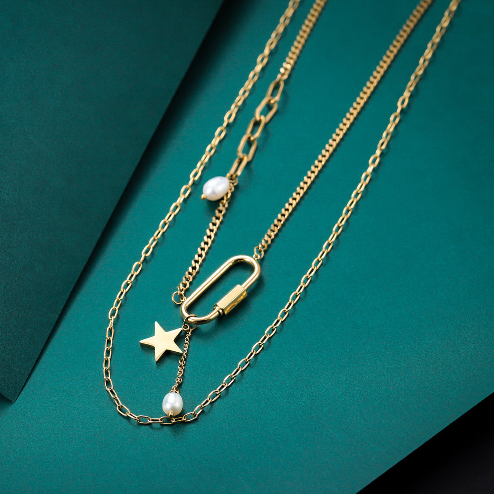 MNSS23 STAINLESS STEEL MULTI CHAIN NECKLACE WITH PEARL AAB CO..