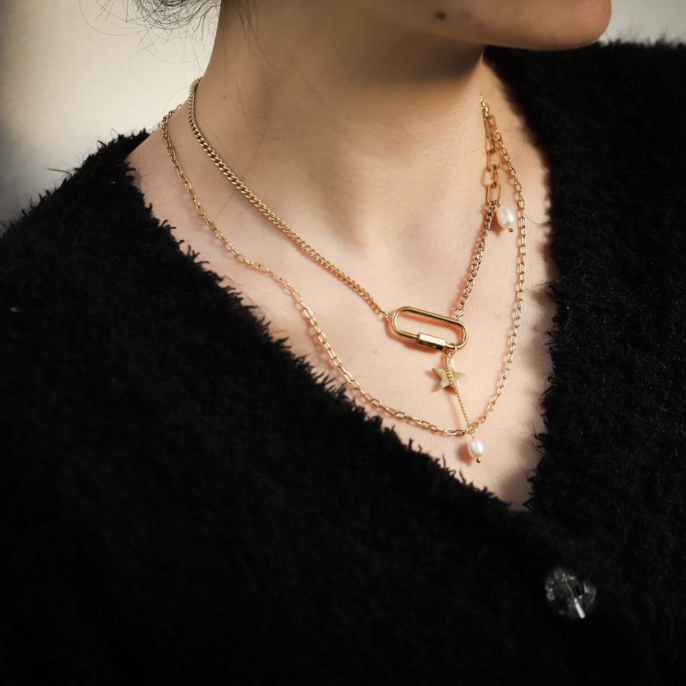MNSS23 STAINLESS STEEL MULTI CHAIN NECKLACE WITH PEARL AAB CO..