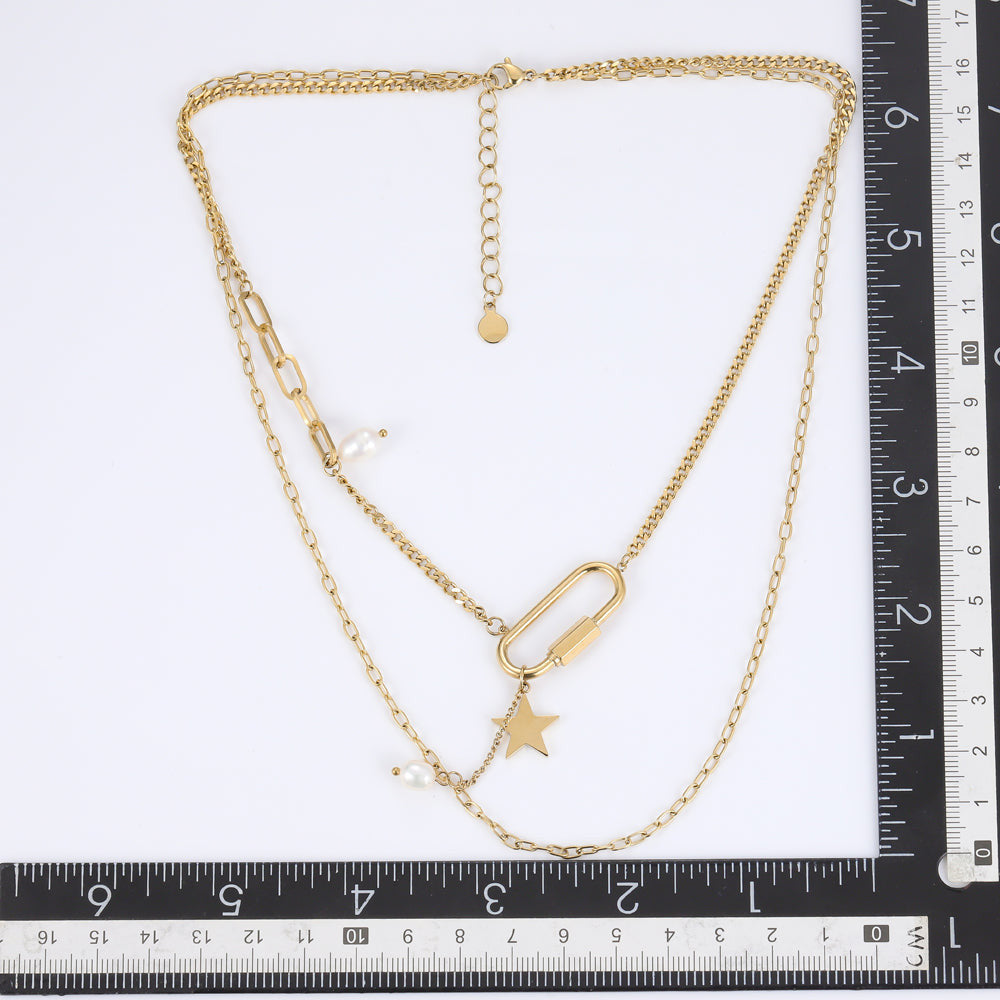 MNSS23 STAINLESS STEEL MULTI CHAIN NECKLACE WITH PEARL AAB CO..
