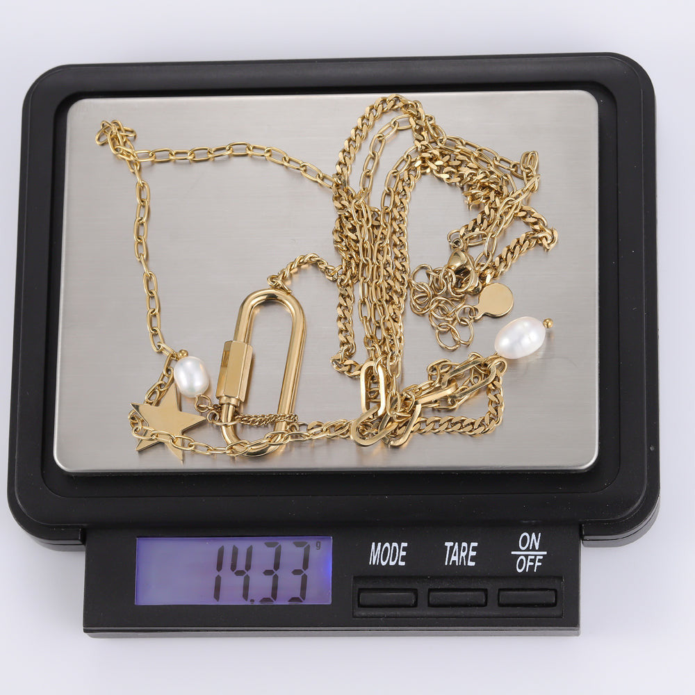 MNSS23 STAINLESS STEEL MULTI CHAIN NECKLACE WITH PEARL AAB CO..