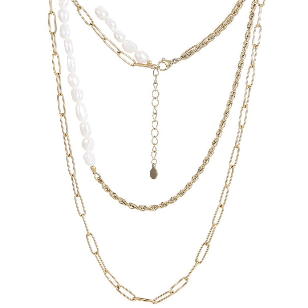 MNSS24 STAINLESS STEEL MULTI CHAIN NECKLACE WITH PEARL AAB CO..