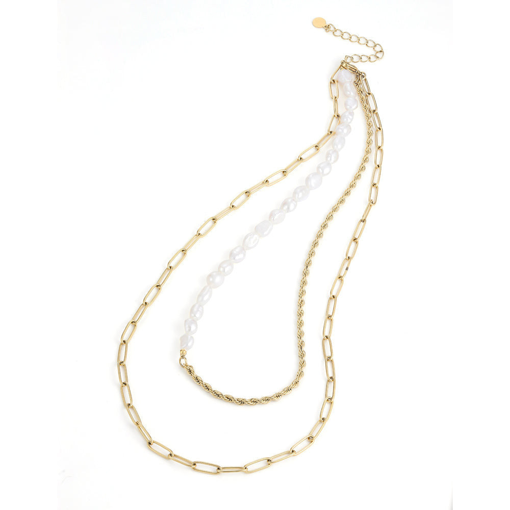 MNSS24 STAINLESS STEEL MULTI CHAIN NECKLACE WITH PEARL AAB CO..