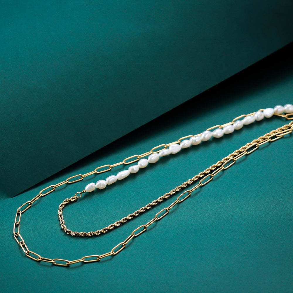 MNSS24 STAINLESS STEEL MULTI CHAIN NECKLACE WITH PEARL AAB CO..