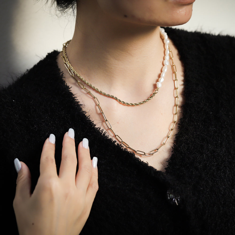 MNSS24 STAINLESS STEEL MULTI CHAIN NECKLACE WITH PEARL AAB CO..