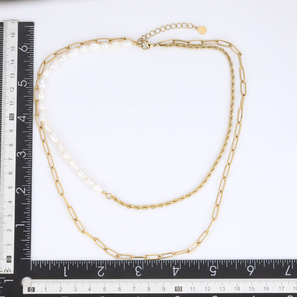 MNSS24 STAINLESS STEEL MULTI CHAIN NECKLACE WITH PEARL AAB CO..