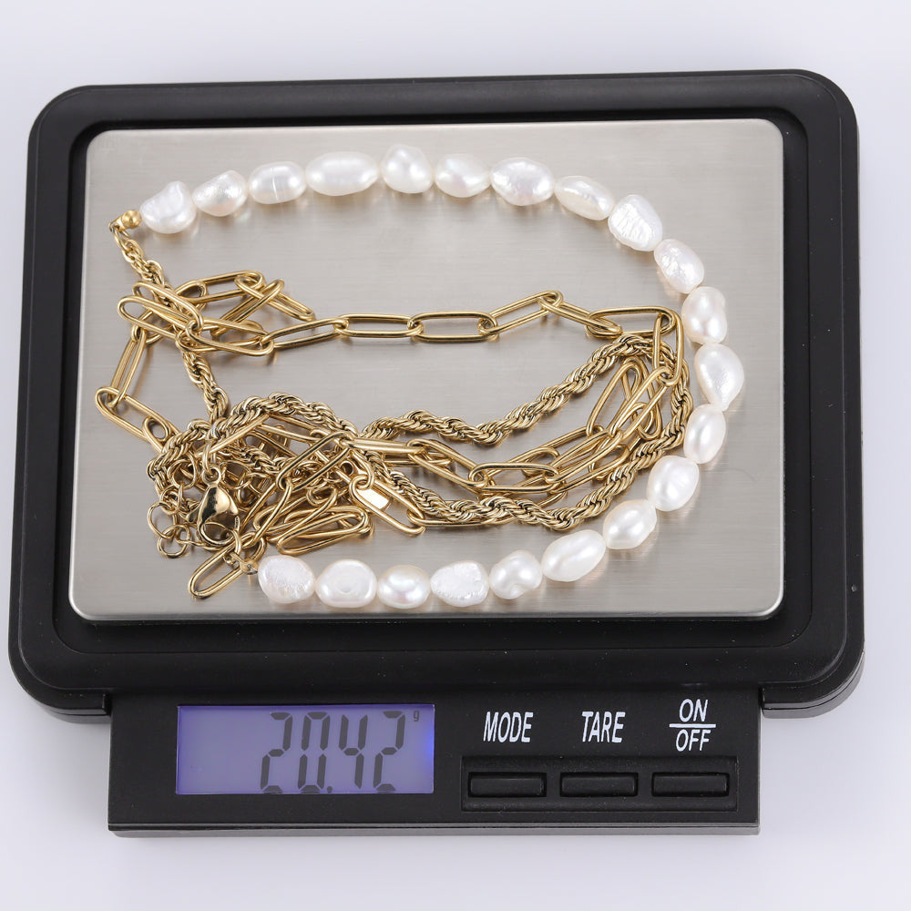 MNSS24 STAINLESS STEEL MULTI CHAIN NECKLACE WITH PEARL AAB CO..