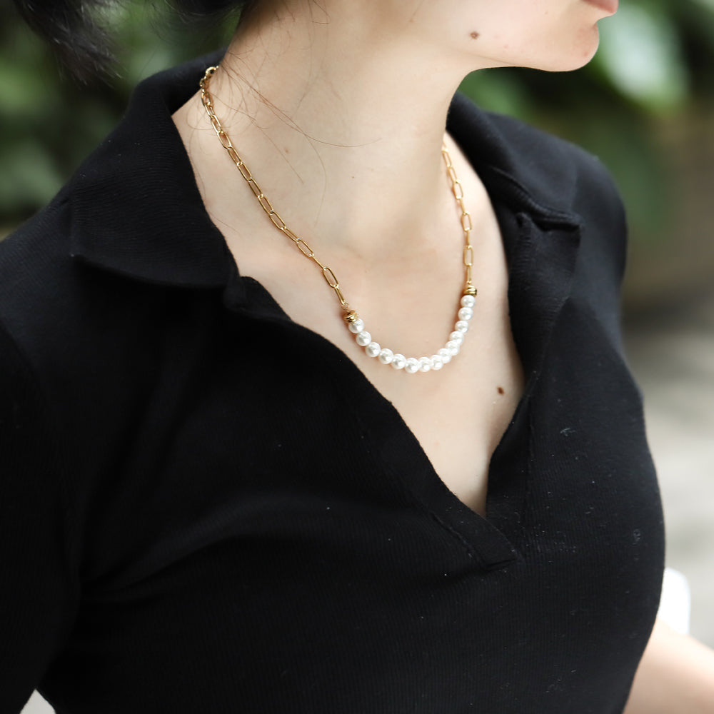 NSS796 STAINLESS STEEL NECKLACE WITH SHELL PEARL AAB CO..