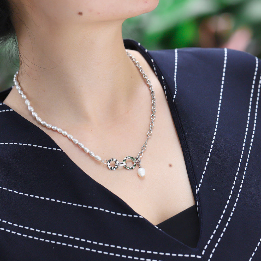 NSS798 STAINLESS STEEL NECKLACE WITH PEARL AAB CO..