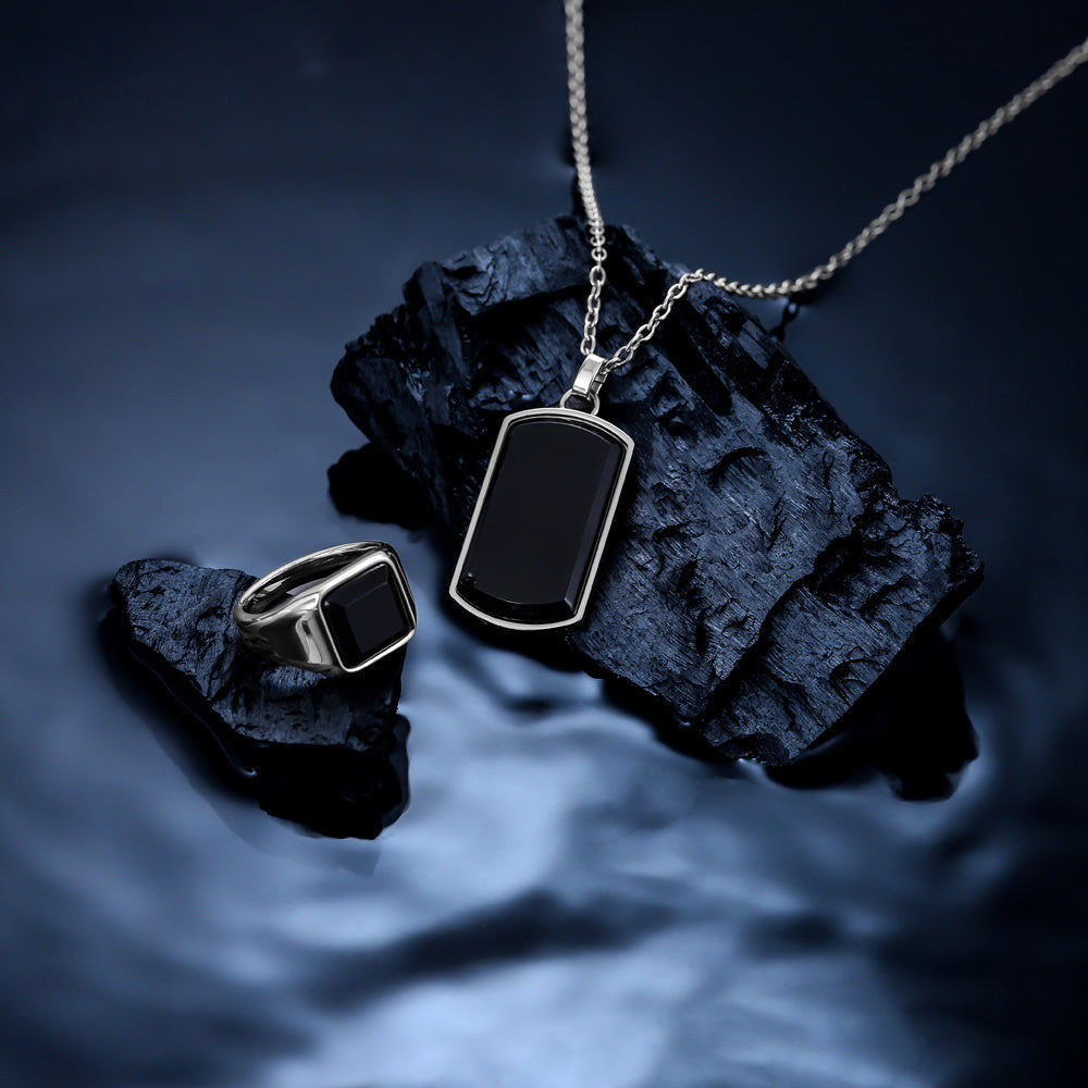 Stainless Steel Brushed Black Plated Agate Dog Tag Chain Necklace Pendant  Charm Dogtag Natural Stone Wood: 16457538568243